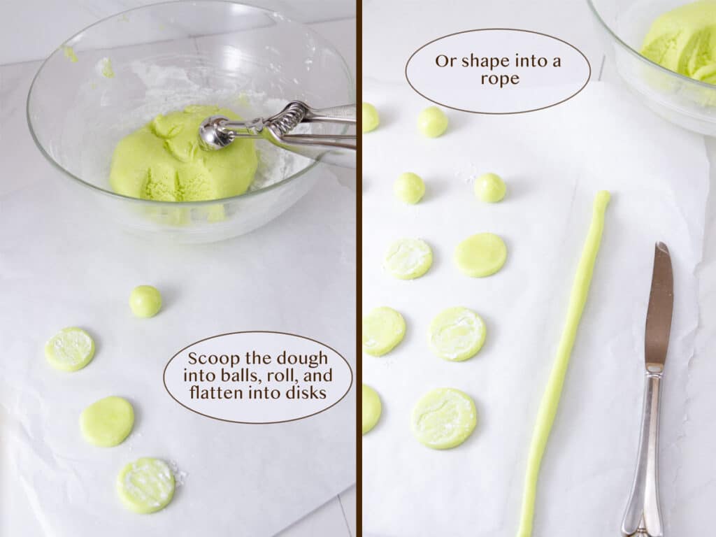 shaping the dough: into balls and disks, or into ropes.