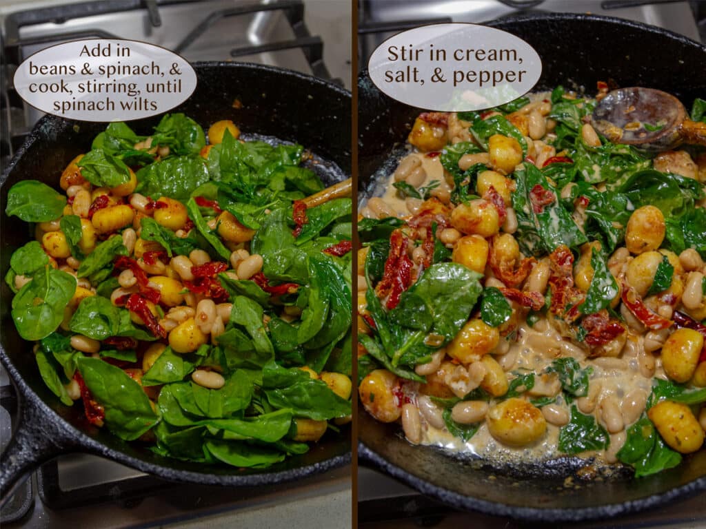 add the spinach and white beans to the skillet.