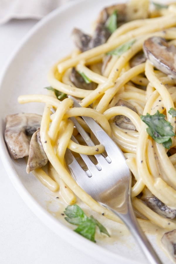 a fork with twirrled pasta on a plate.