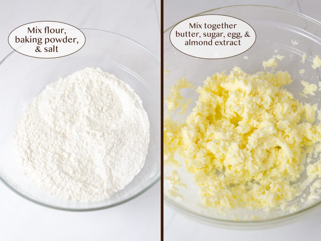 how to make almond cookies, dry ingredients on left and wet ingredients on right.