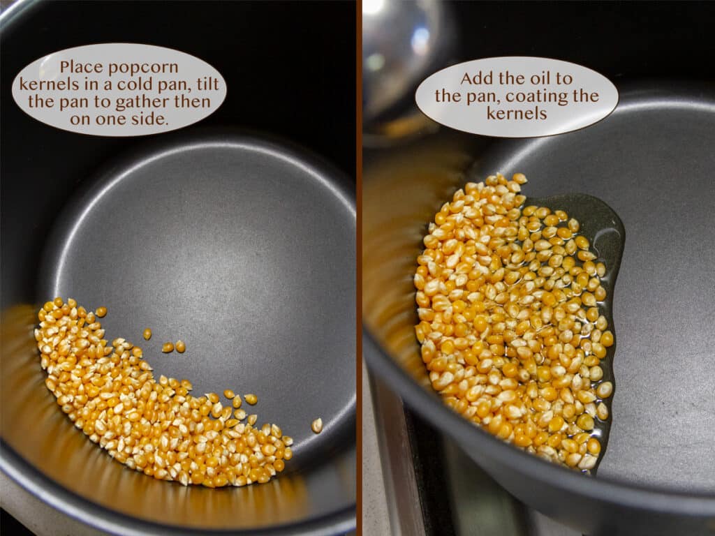 popcorn kernels in a pan on left and with added oil on right.