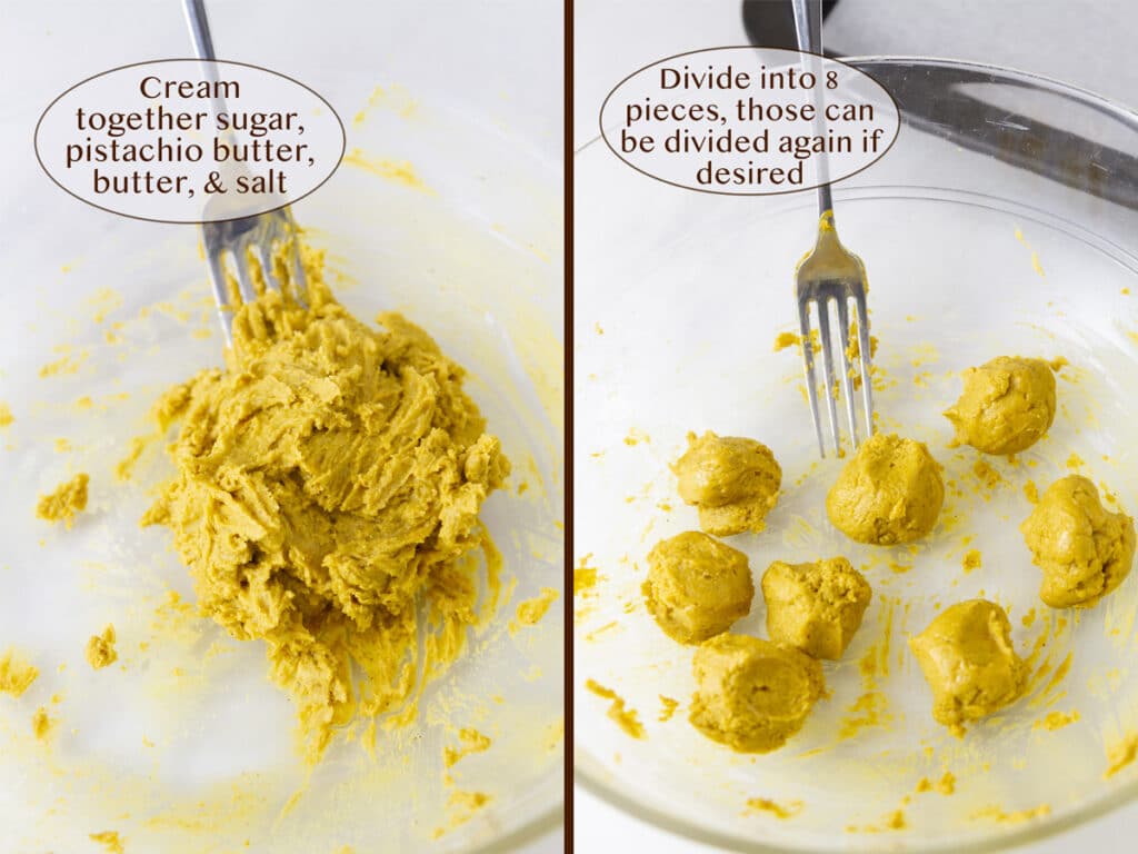 making the dough for pistachio candies and diving that dough into balls.