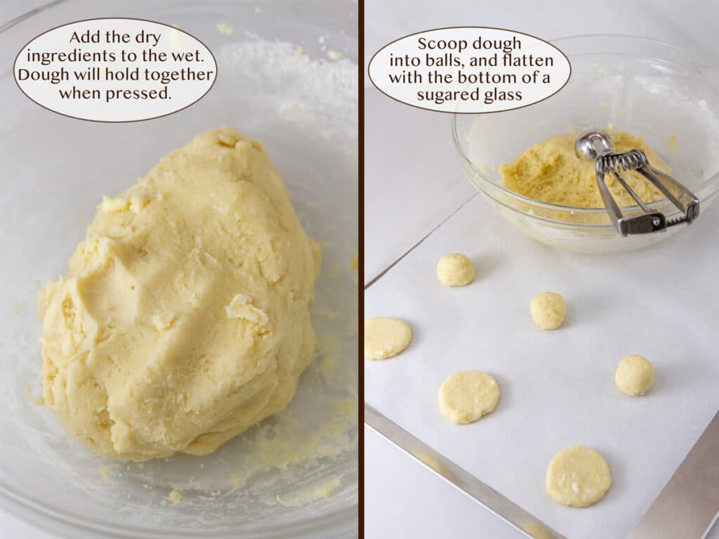 Dough all mixed nad pressed together on left and shaping cookies with a dough scoop on right.