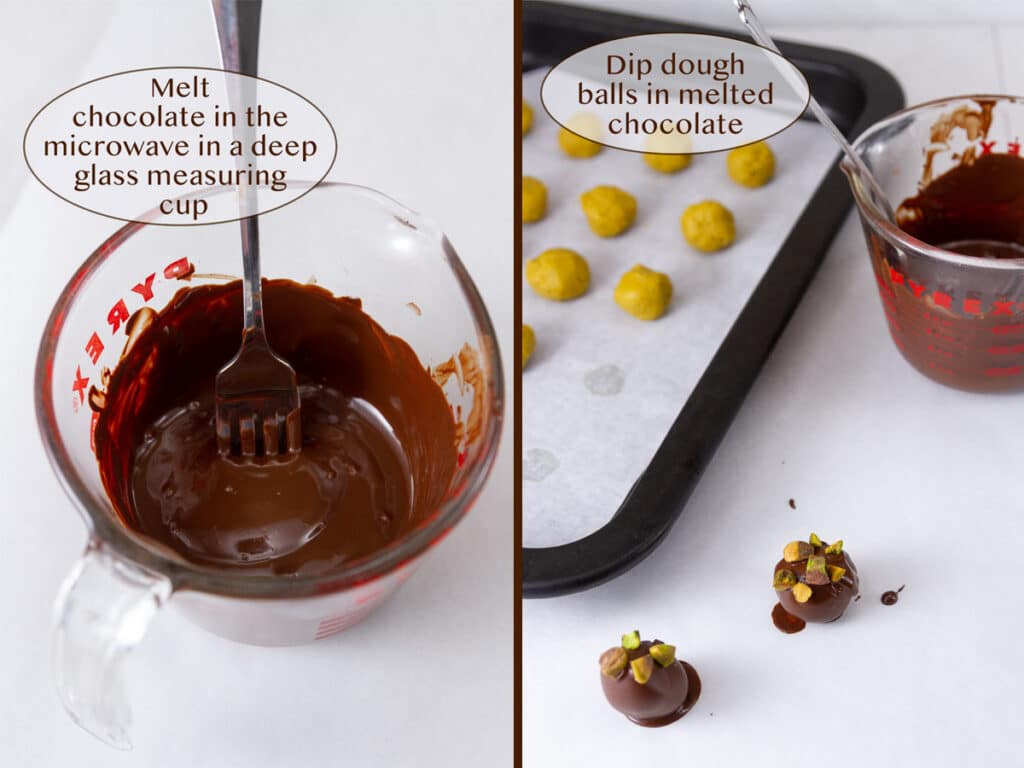 melted chocolate in a dish and coating pistachio balls in the melted chocolate.