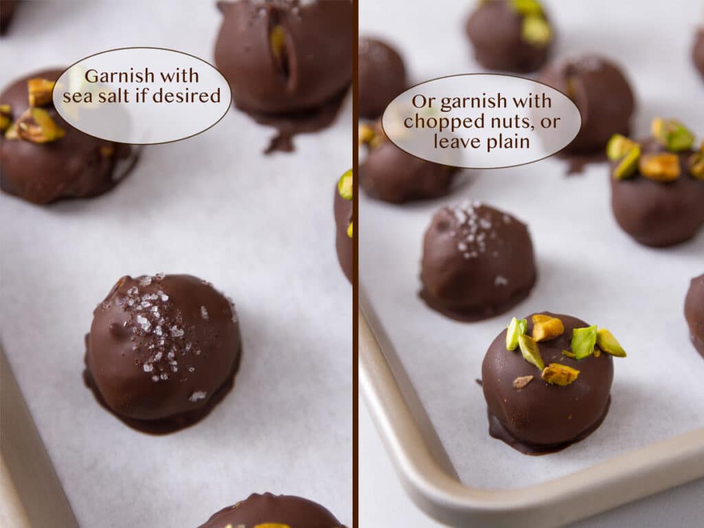 dipped truffles topped with sea salt and placed on a tray to harden in the fridge.