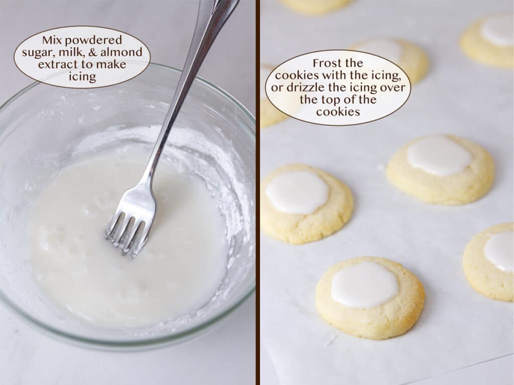 a glass bowl filled with icicng on left and iced cookies on right.