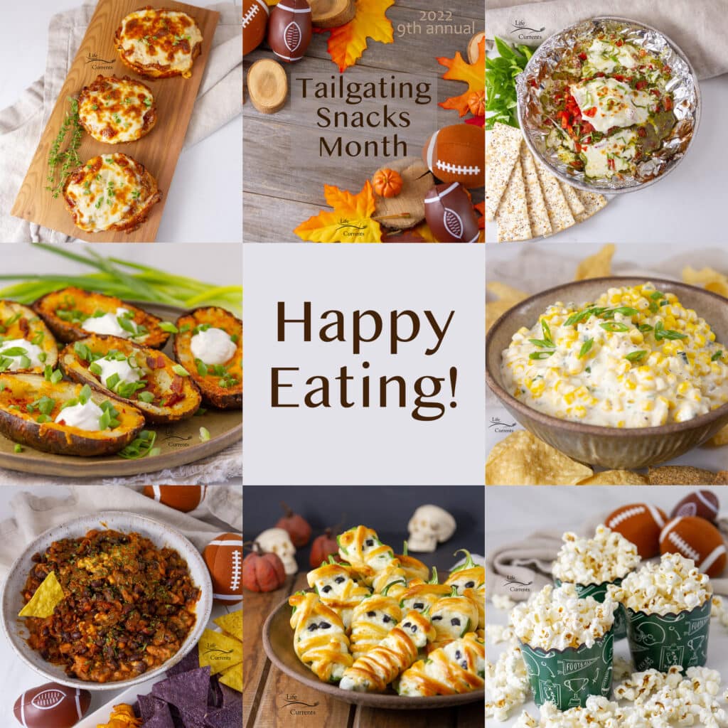 A collage of 8 images of tailgaing snack and it says, "happy eating" in the middle.