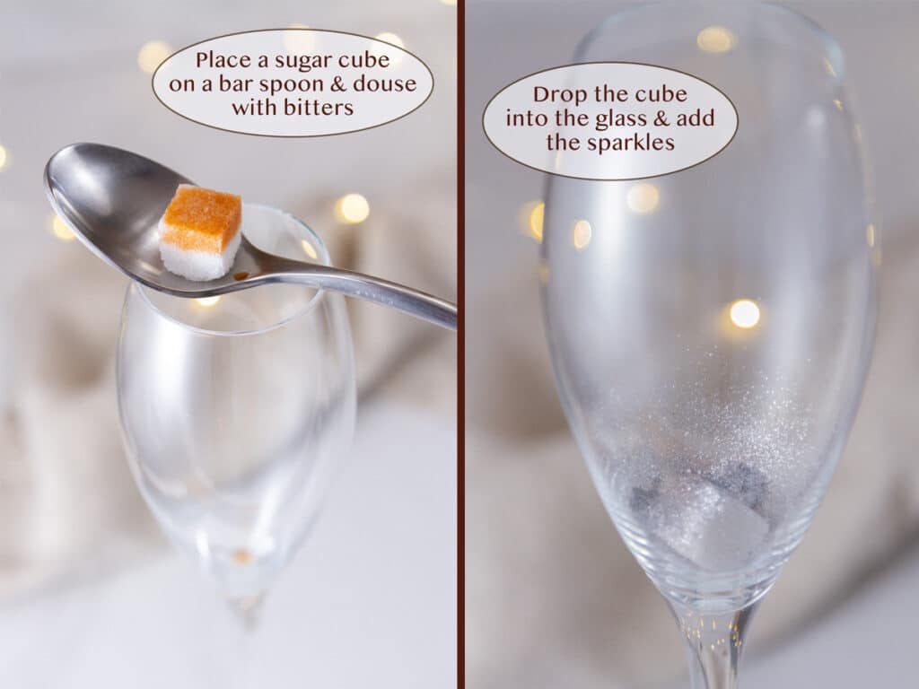 how to make the cocktail drink: with a bitters soaked sugar cube on a spoon over the glass on left, and the cube in the glass with sparkles on right.