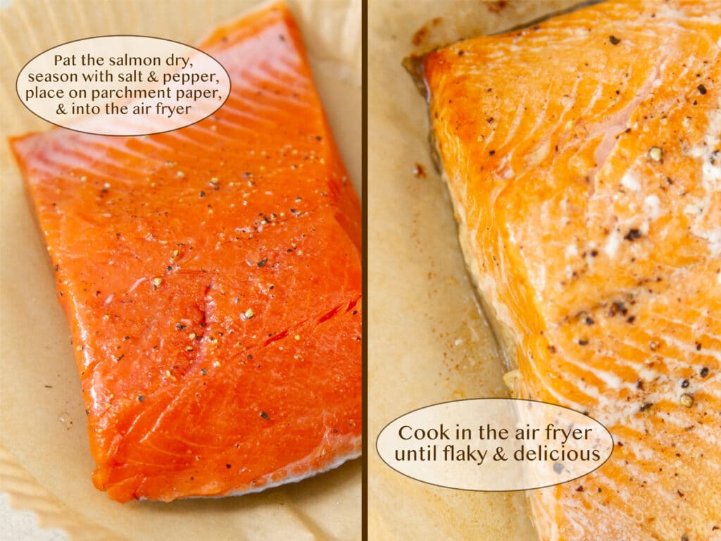 a piece of raw salmon on left and cooked on the right.