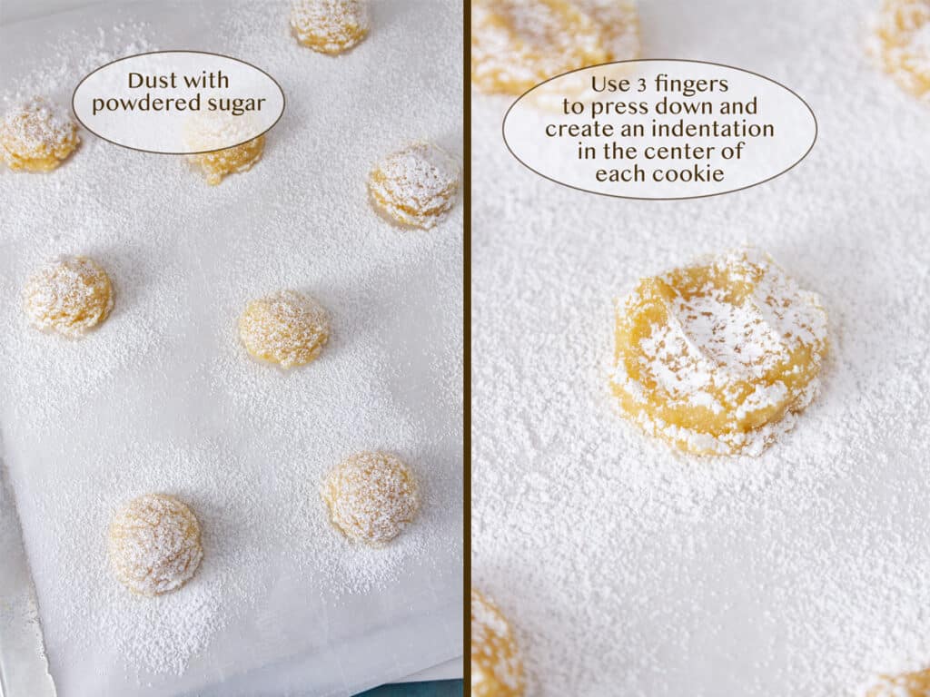 scooped cookie dough dusted with powdered sugar on left and pressed down on right.