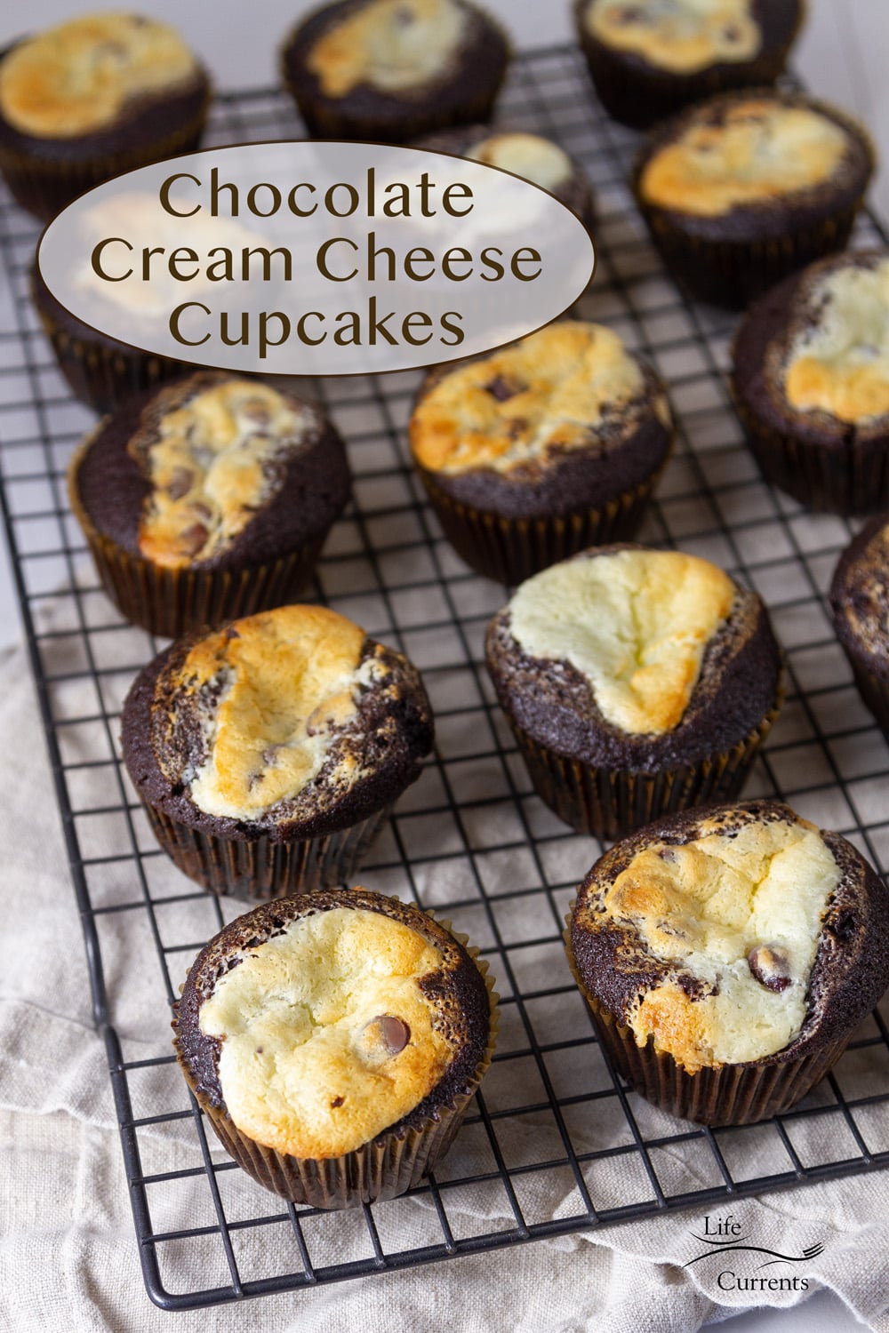 Chocolate Cream Cheese Cupcakes on a wire cooling rack.