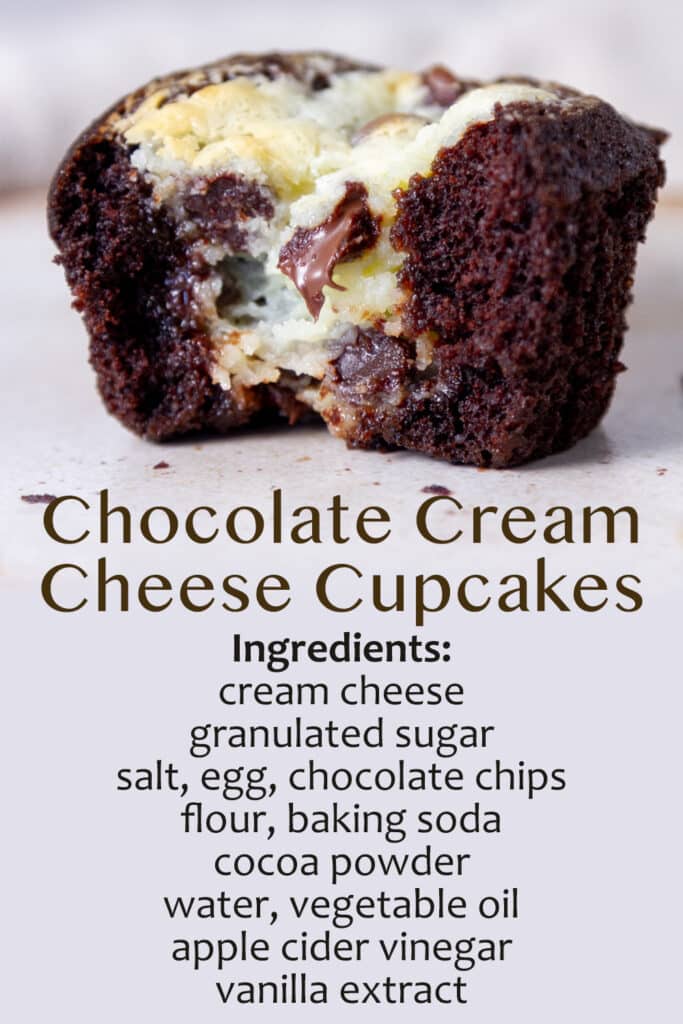 a cupcake with a bite taken out so you can see the filling with the ingredient list underneath.