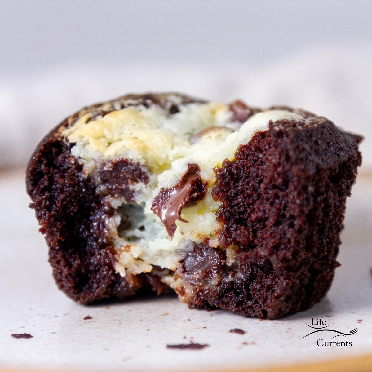 a Chocolate Cream Cheese Cupcakes with a bite missing so you can see the filling.