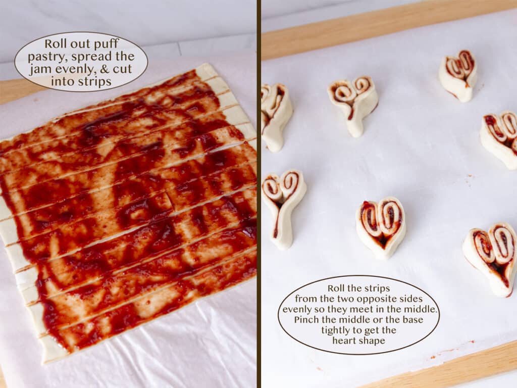 puff pastry sheet rolled out and covered with jam on left and cut and shaped into hearts on right.