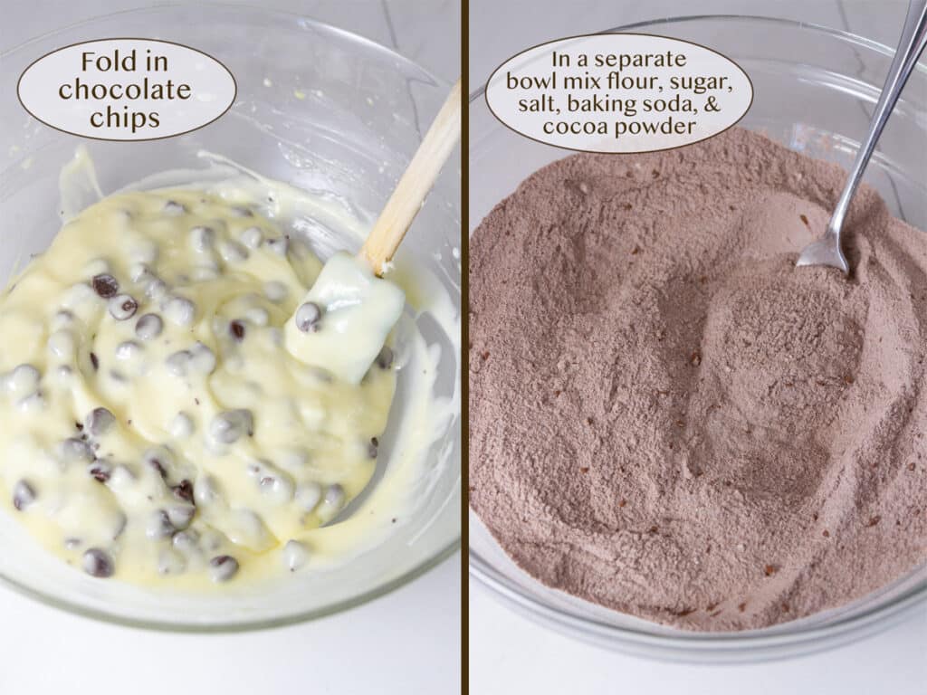 cream cheese filling with chocolate chips on left and dry chocolate ingredients for cake on right.