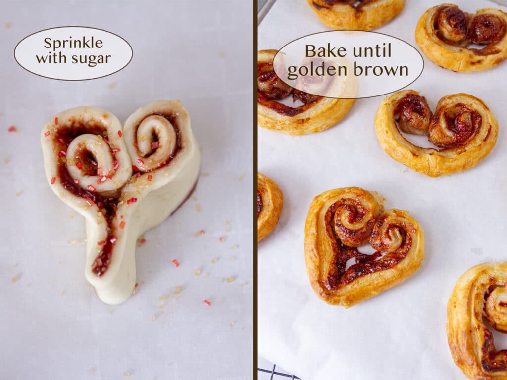 Puff pastry shaped into a heart shape and filled with raspberry jam sprinkled with sugar on left and baked on right.