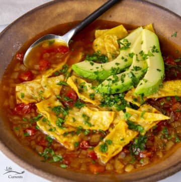 a bowl bowl filled with tortilla soup topped with avocado and cilantro and there's a spoon in the bowl.