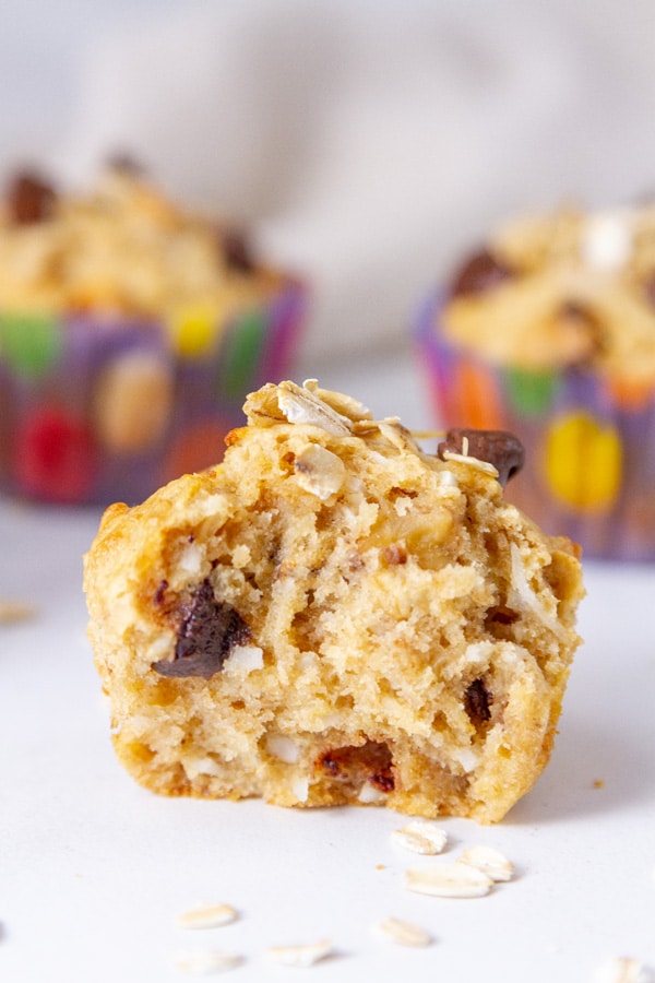 a muffin broken in half so you can see the inside texture.