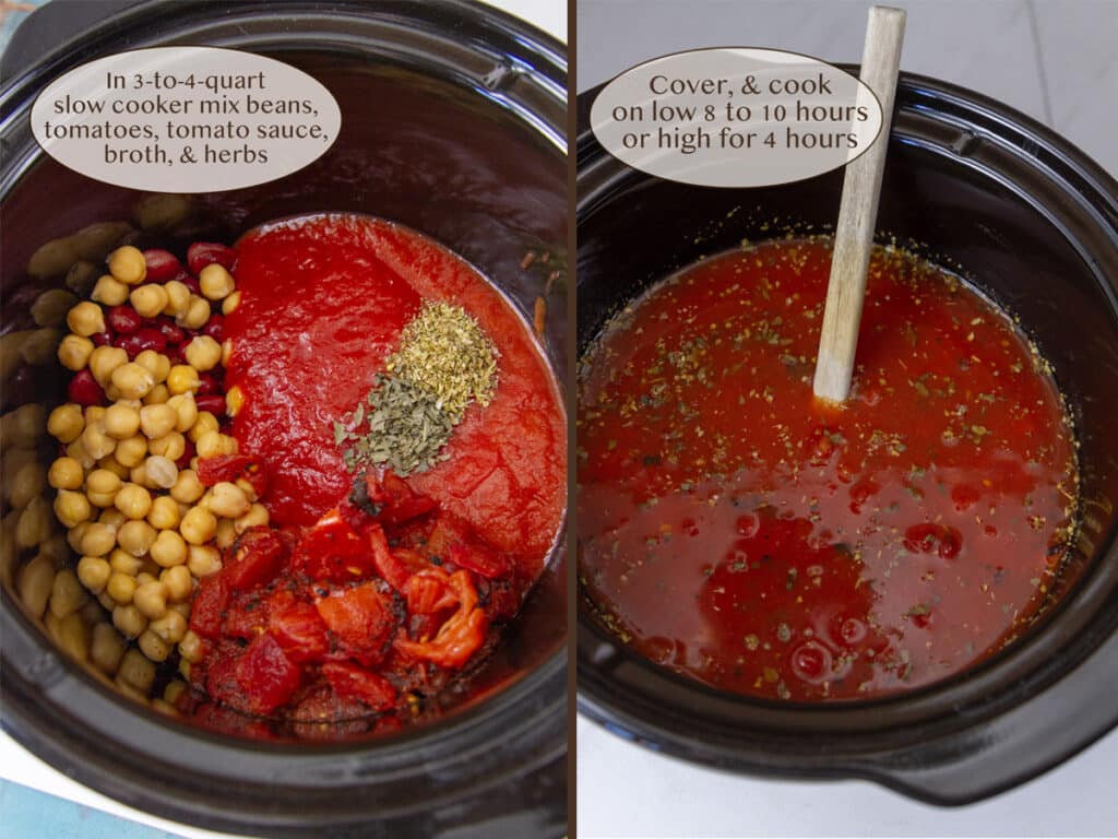 minestrone ingredients in the bowl of a crock pot on left and mixed together on right.