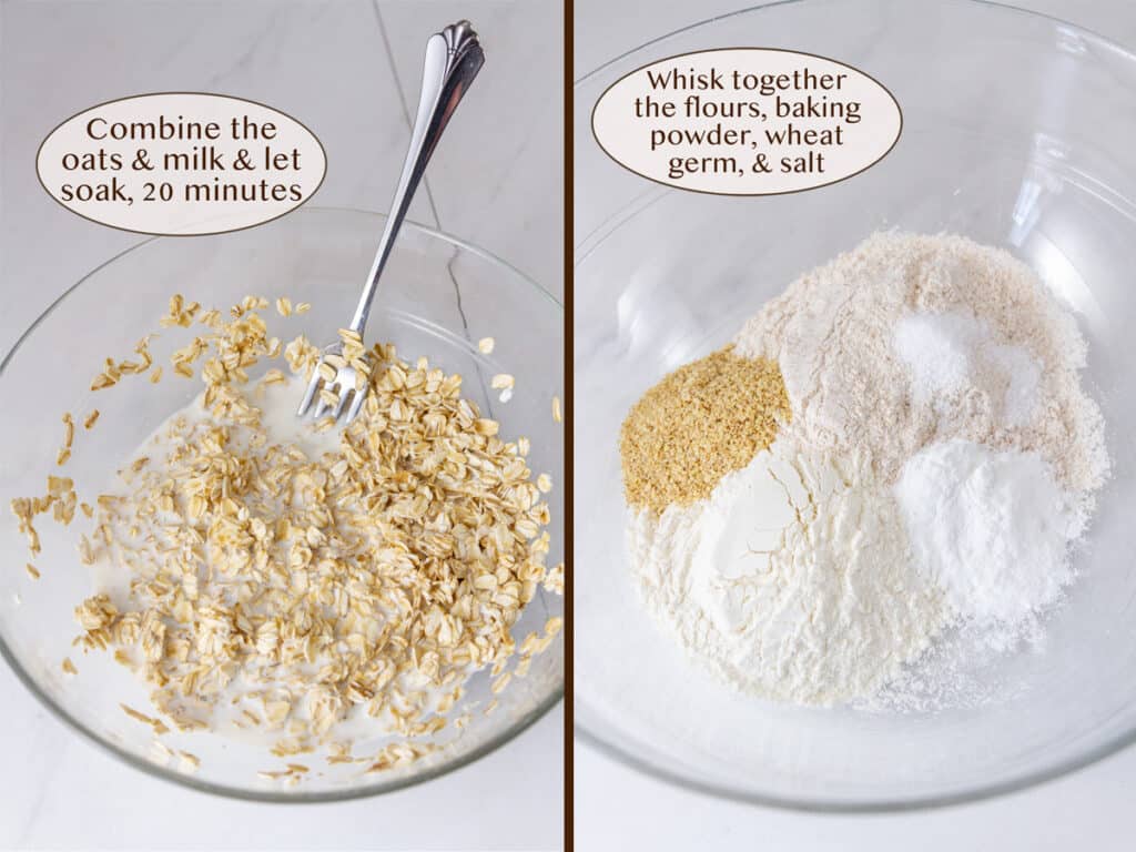 oats soaking in milk on left and dry ingredients for muffins on right.