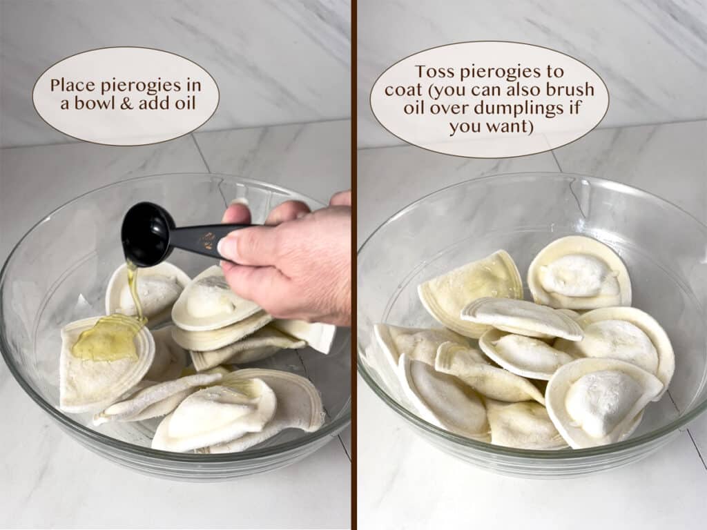 pouring oil on frozen pierogies in a glass bowl on left and tossed in the oil on right.
