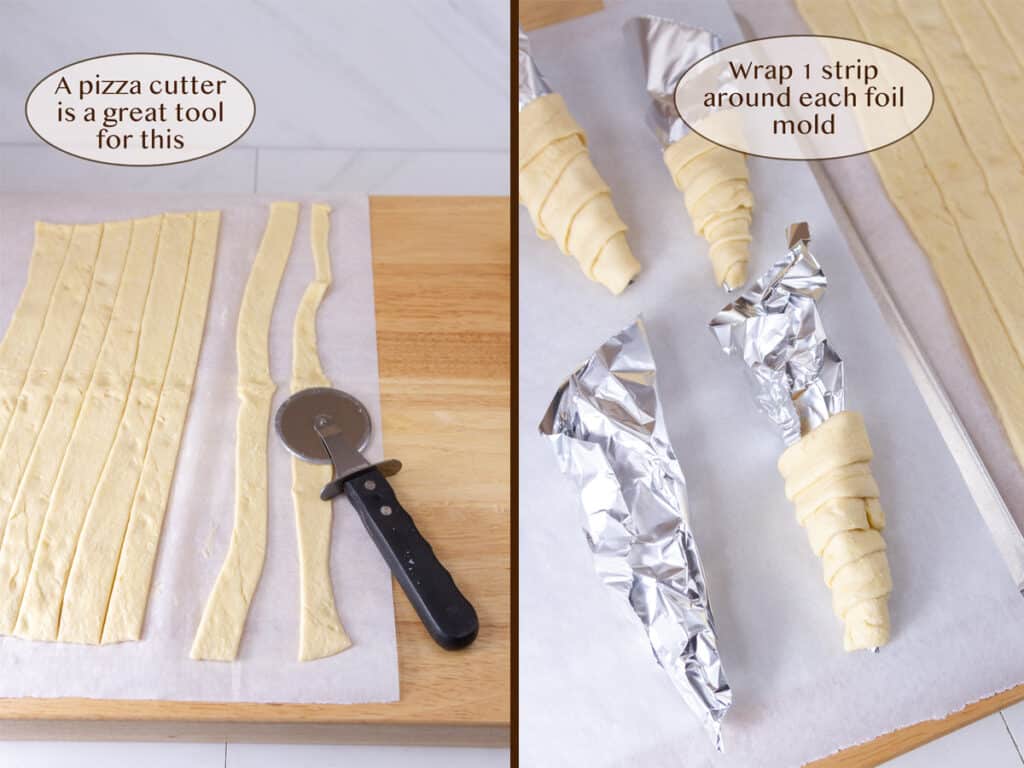 dough and a pizza cutter on a wooden work surface on left and the dough strips wrapped around foil molds on right.