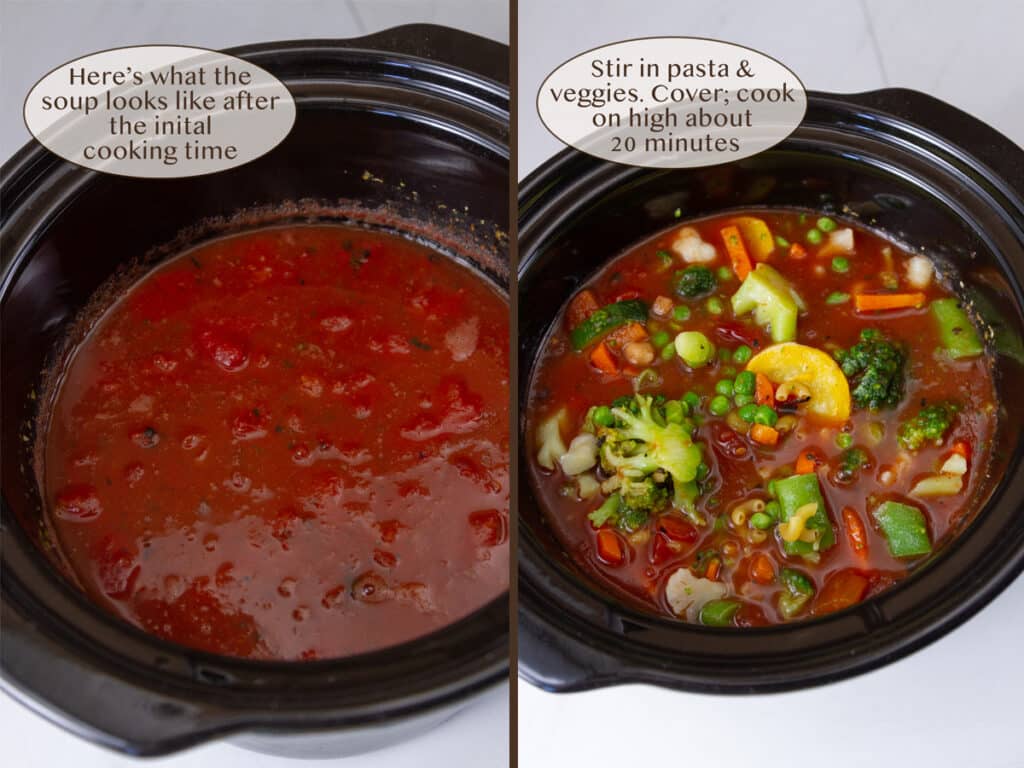 cooked soup on left and with added veggies and past on right.