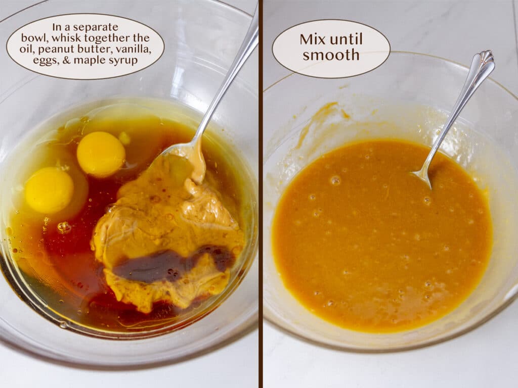 wet ingredients for muffins on left and mixed together on right.