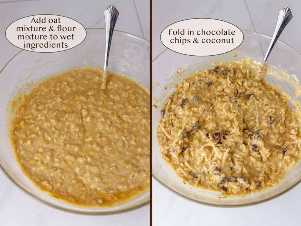 oat mixture added to wet ingredients on left and with chocolate chips, nuts, and coconut mixed in on right.