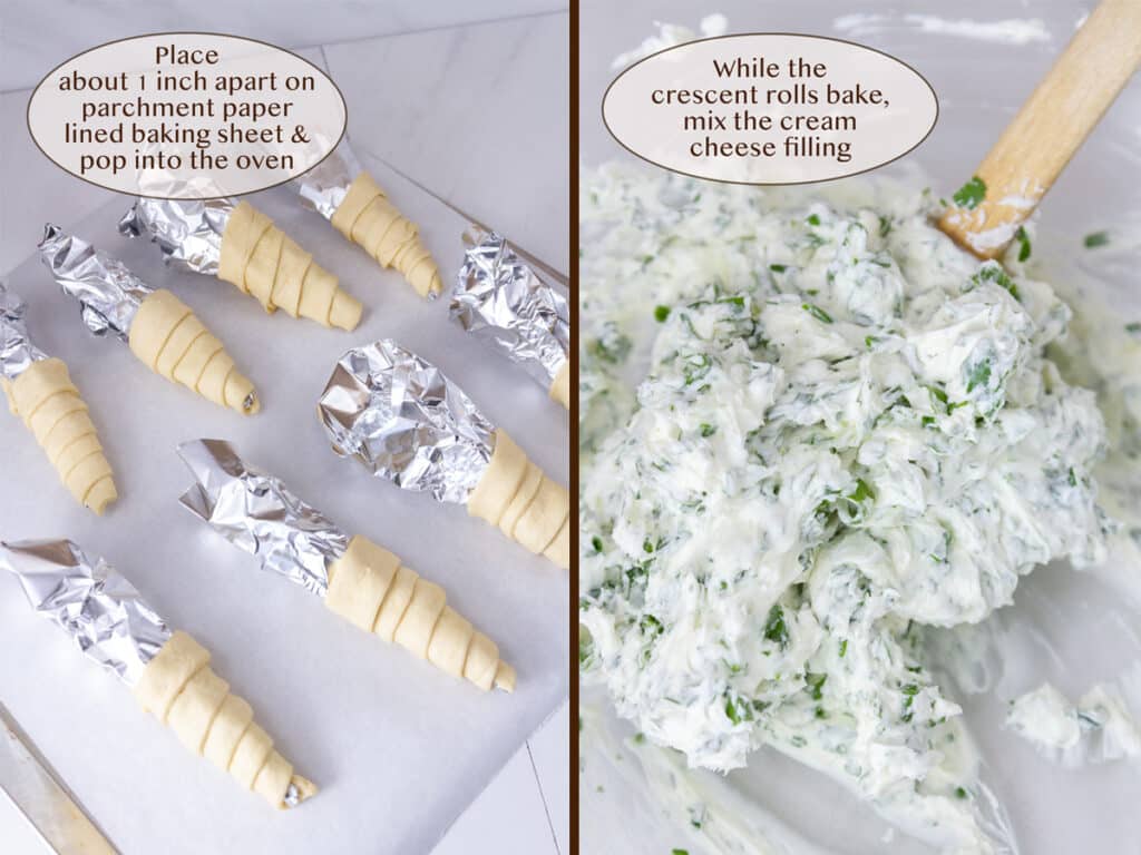 dough wrapped around foil on left and herb cream cheese on right.