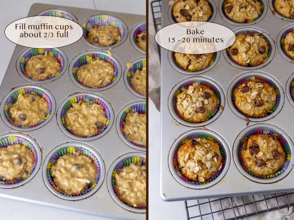 filled muffin cups on left and baked muffins in tins on right.