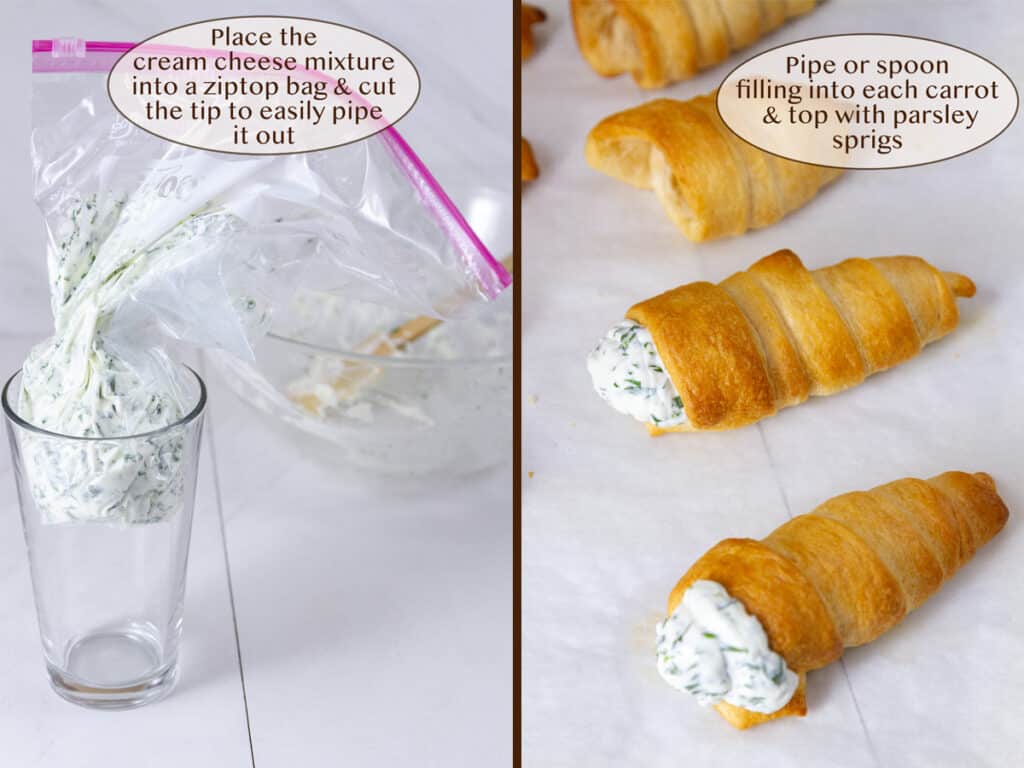 Cream cheese filling in a plastic bag on left and piped in the crescents on right.