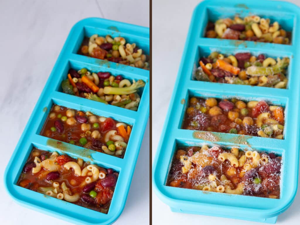 a blue food storage container filled with soup on left and frozen soup on right.