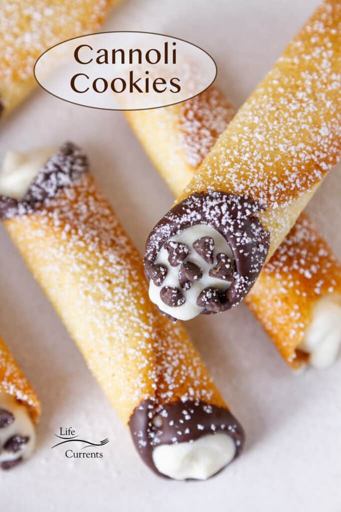 three cannoli cookies with chocolate chips and dipped ends that are dusted with powdered sugar on a white plate.