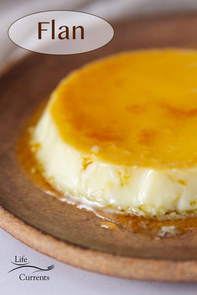 custard flan with caramel topping on a brown plate, title in upper left.