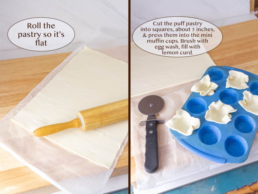 a sheet of puff pastry on parchment paper on a wooden cutting board with a wooden rolling pin on top of it.