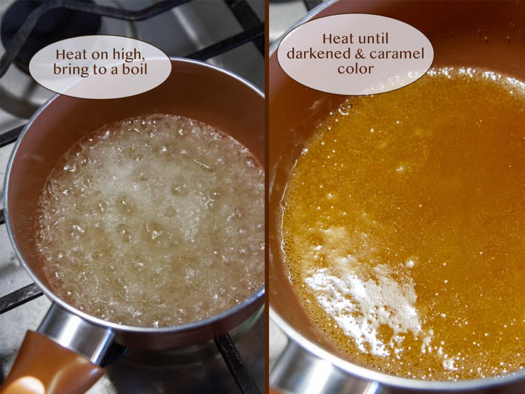 boiling sugar and water to make caramel in a small saucepan.