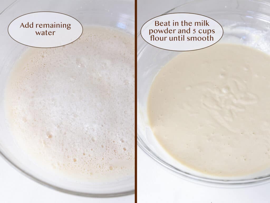 added water to the yeast on left and added milk powder and flour on right.