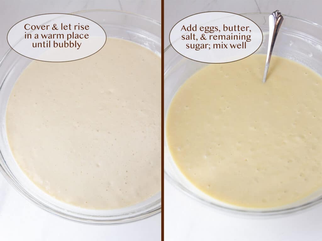 yeast mixture left to rise on left and added eggs butter salt and sugar on right.