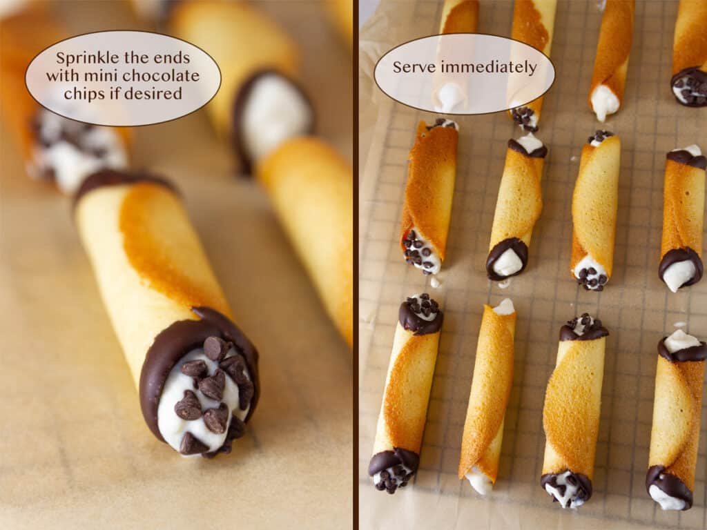 ends of the cookies sprinkled with chocolate chips on left, and the finished batch of cookies on right.