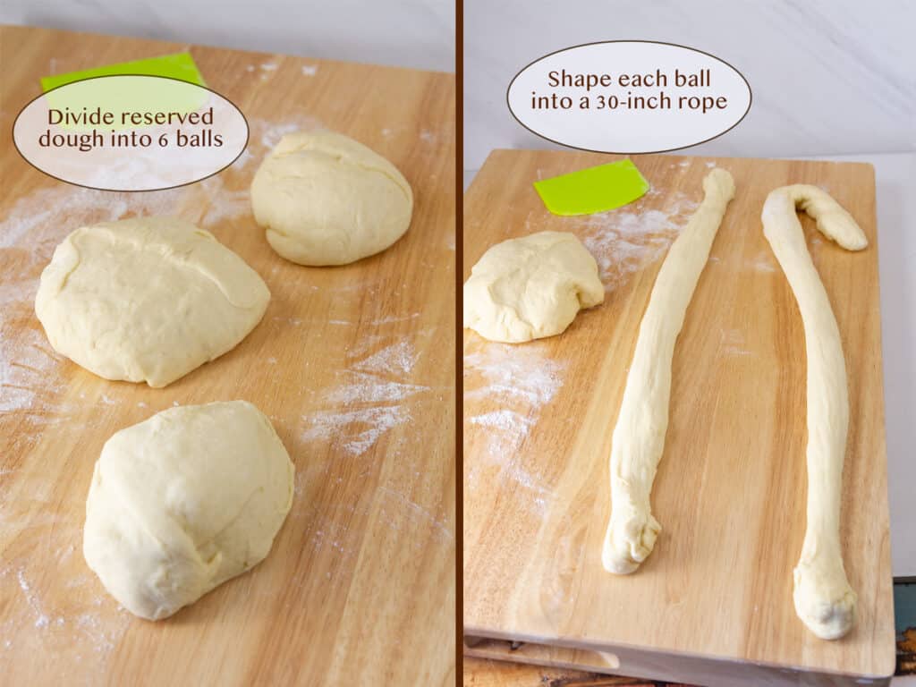 dividing dough into balls on left and shaping balls into ropes on right.