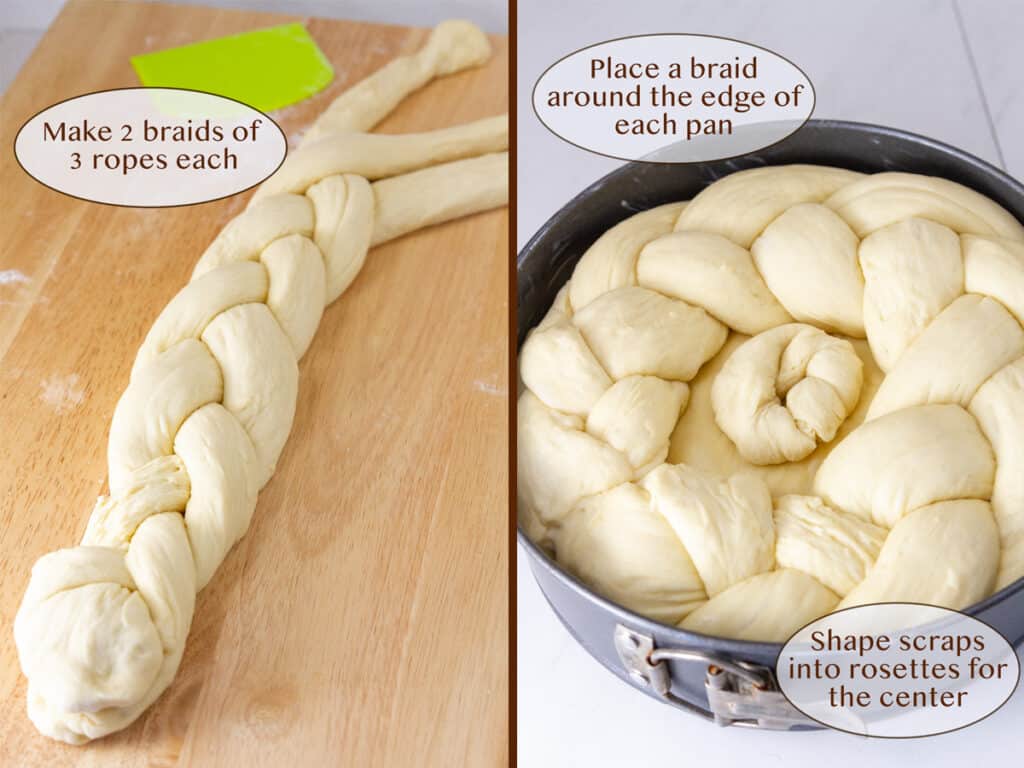 shaping ropes into braids on left and adding braids to bread on right.