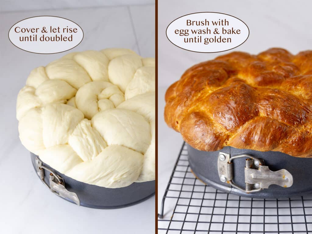 risen shaped bread dough on left and baked on right.
