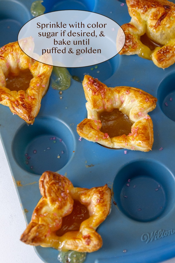 some lemon puff pastry tarts in a silicone mini muffin pan.