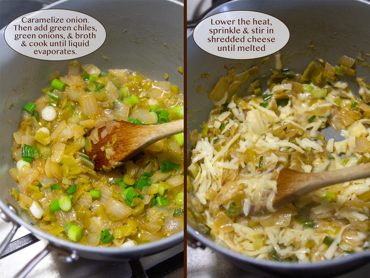 vegetables cooking in a pan with a wooden spoon in it on left, and added cheese on right.