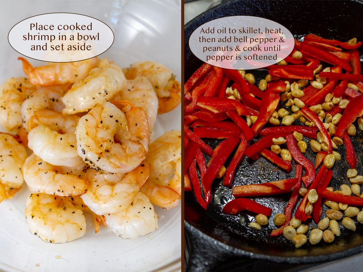 cooked shrimp on left and cooking red pepper and peanuts on right.
