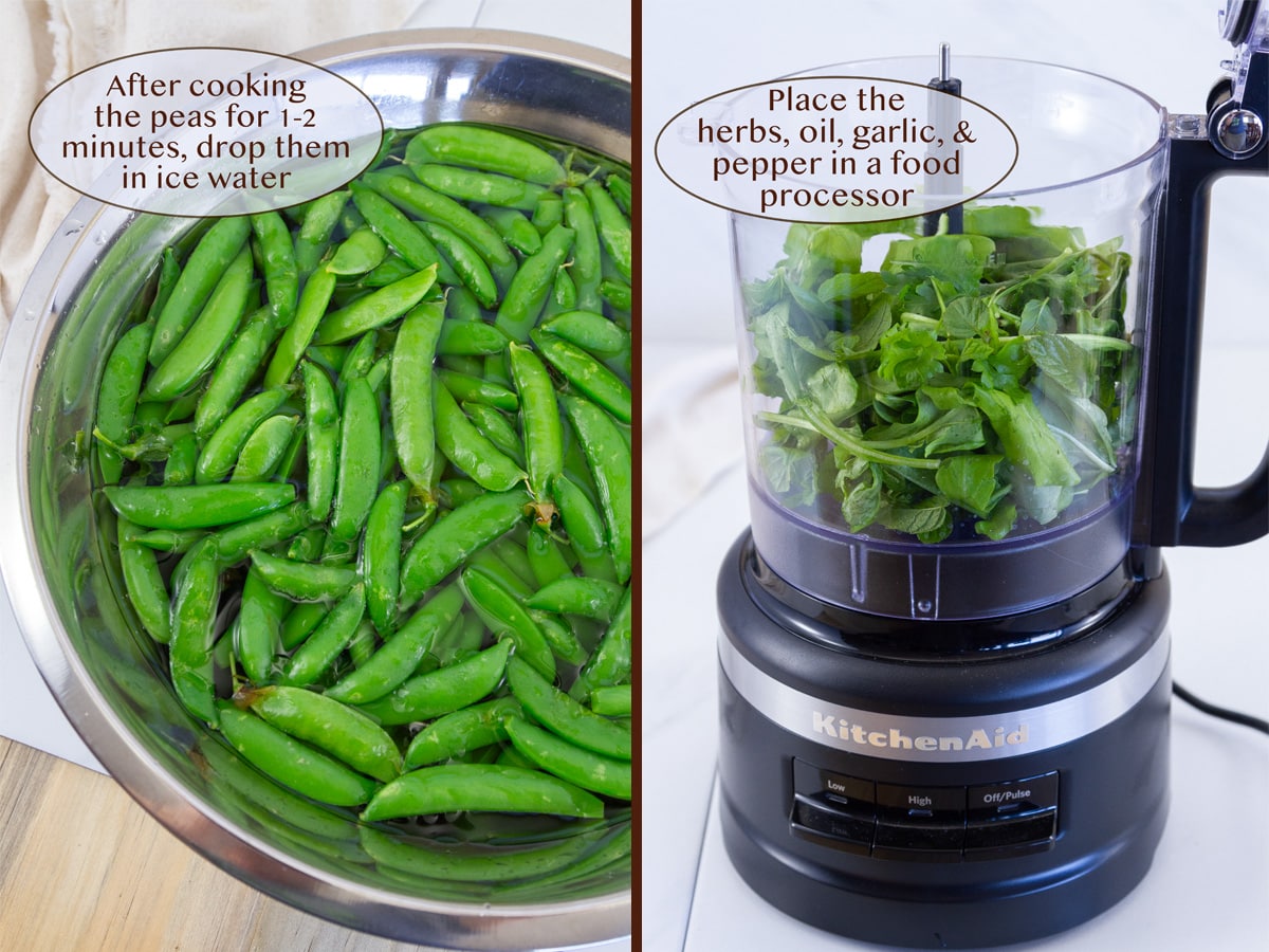 boiled peas in pods in an ice water bath on left and herbs in a food processor on right.