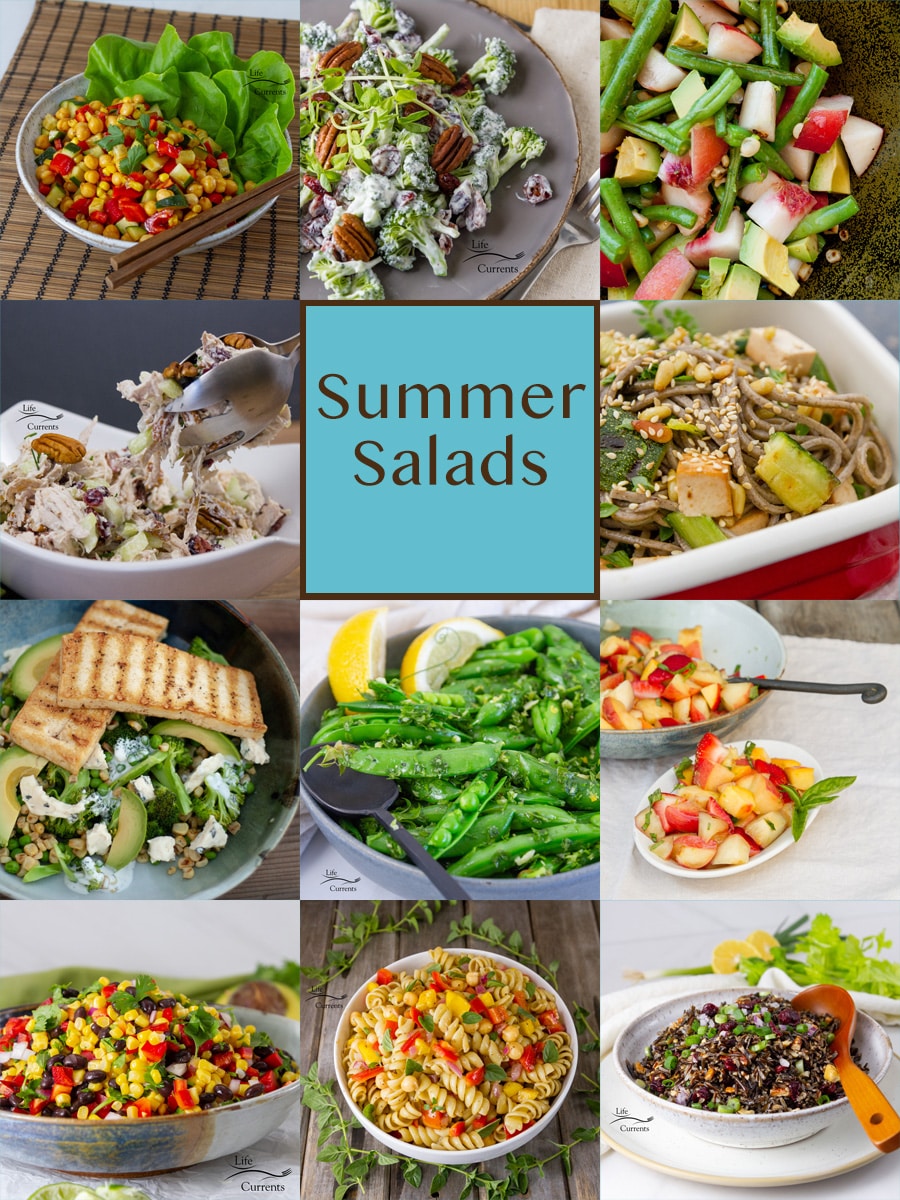 a collage of 11 different images of summer salads, and the title "Summer Salads" is in the middle.