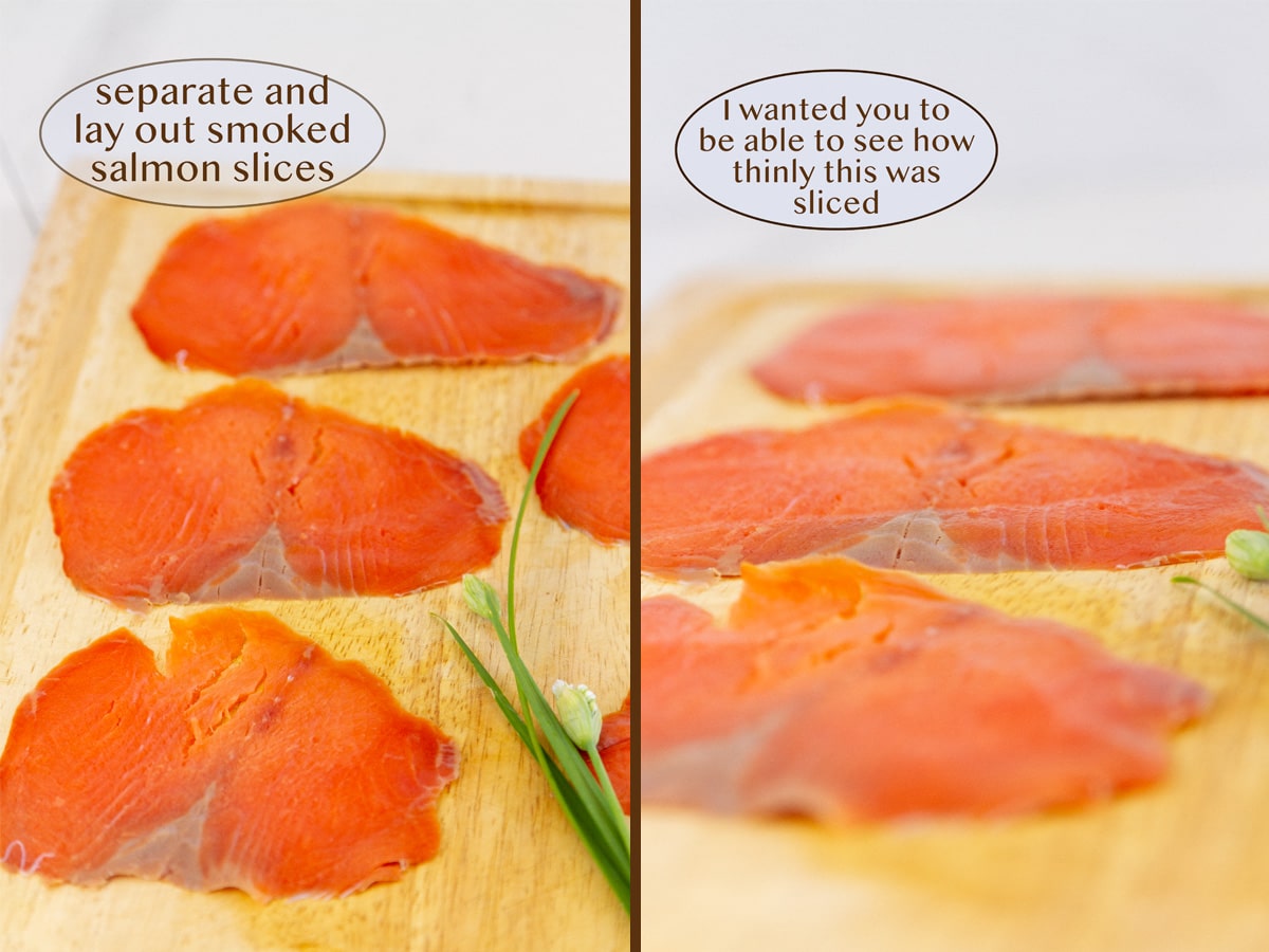 thinly sliced smoked salmon on a wooden cutting board.