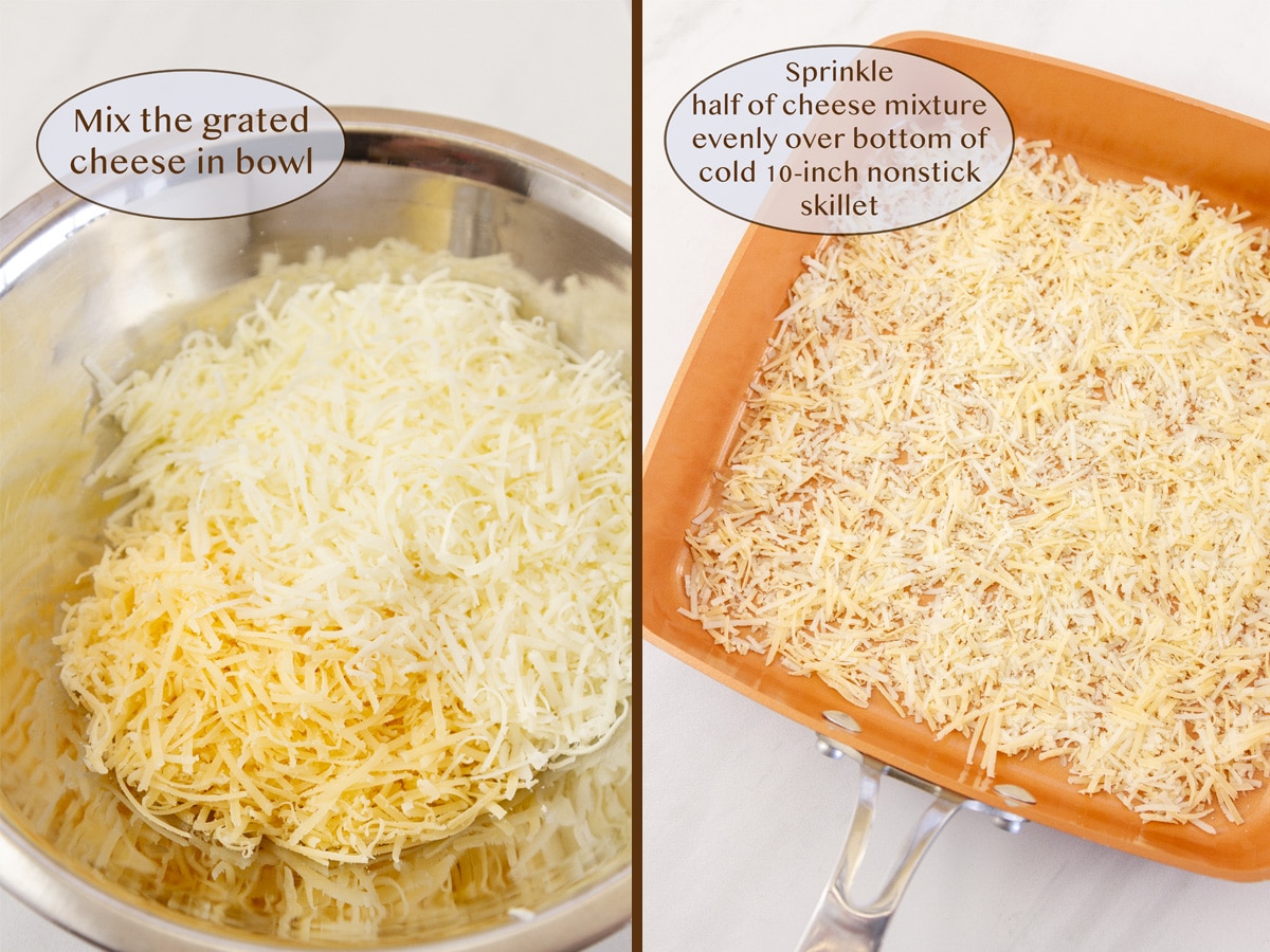 grated cheese in a bowl on left and spread into a pan on right.